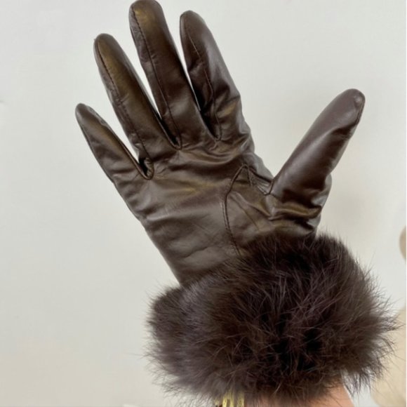 Leather Fur Gloves Large Rabbit Trim Short Brown - Picture 10 of 12